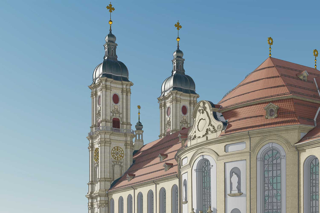 Saint-Gall SG, cathédrale et quartier de l'abbaye, relevé des bâtiments, vues en 3D, HMQ AG