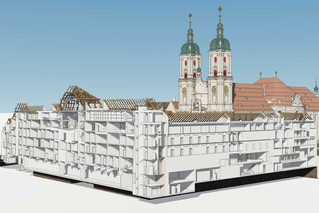 District de l'abbaye de Saint-Gall, modèle 3D en coupe transversale du site du district de l'abbaye, HMQ AG