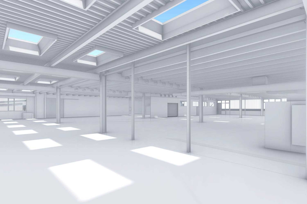 Hall de production, modèle CAO 3D issu du relevé du bâtiment, HMQ AG