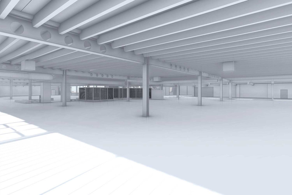 Hall de production, modèle CAO 3D à partir d'un relevé du bâtiment, HMQ AG