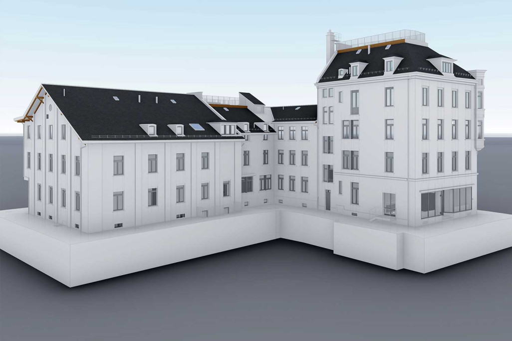 Relevé d'un immeuble résidentiel et commercial à Zurich, modèle 3D, HMQ AG
