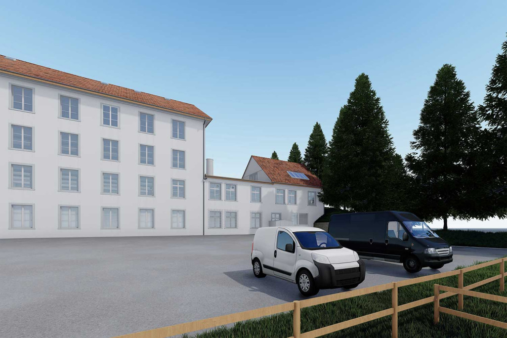 Modèle CAO 3D issu du relevé d'un ensemble industriel dans le canton de Zurich, HMQ AG