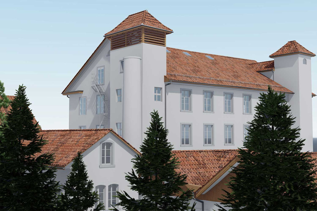 Modèle 3D issu du relevé d'un bâtiment industriel dans le canton de Zurich, HMQ AG