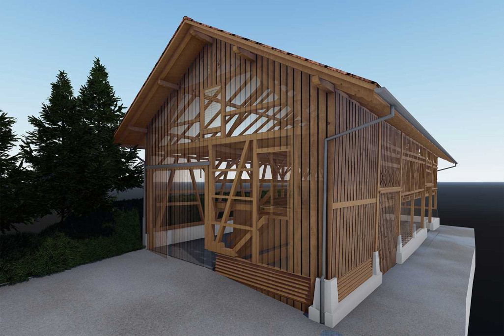 Modèle 3D réalisé à partir d'un relevé architectural d'un abri près d'une usine dans le canton de Zurich, HMQ AG