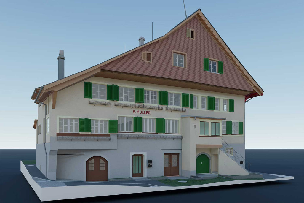 Zurich, modèle 3D de la maison des compagnons à Stäfa, relevé du bâtiment, HMQ AG