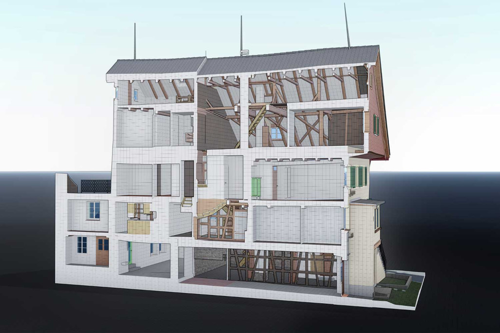 Zurich, coupe 3D Maison des compagnons à Stäfa, relevé du bâtiment, HMQ AG