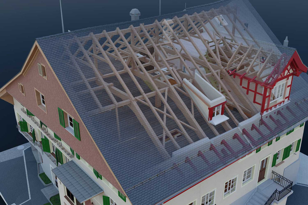 Zurich, combles en 3D d'une maison de compagnons à Stäfa, mesure du bâtiment, HMQ AG