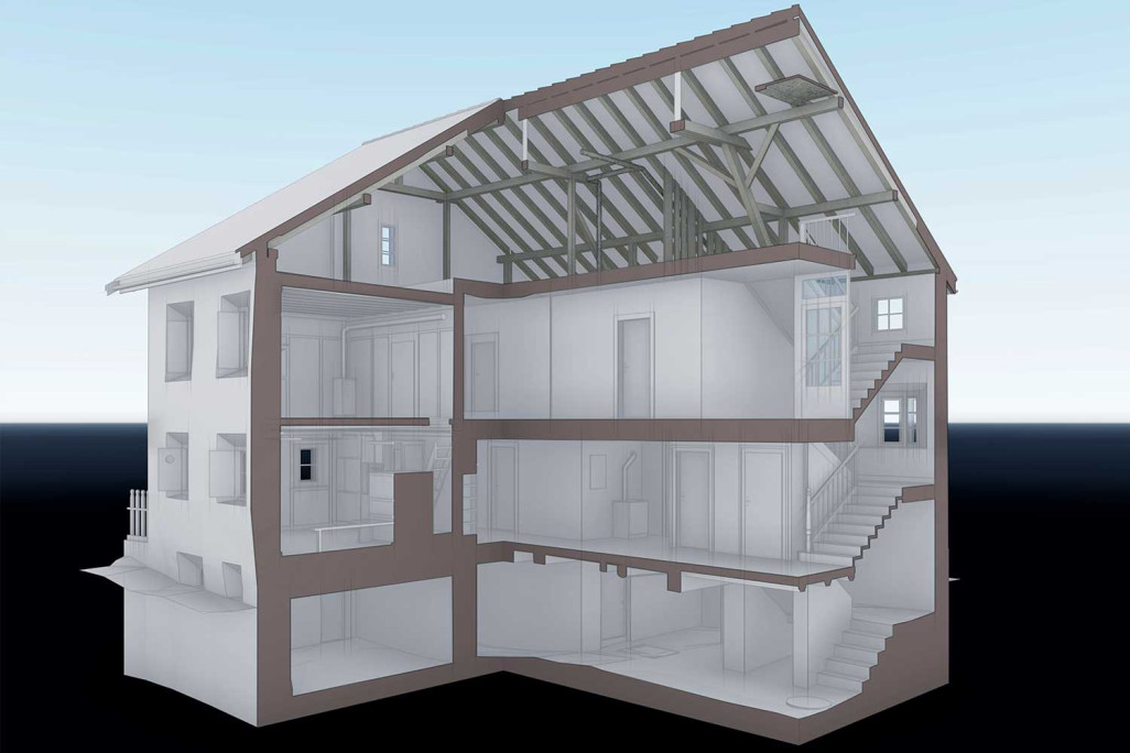 Bever dans les Grisons, relevé de bâtiment en coupe 3D, HMQ AG