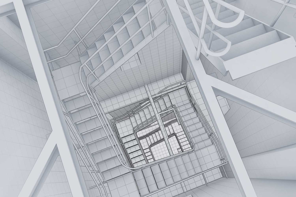 Modélisation 3D de la cage d'escalier, maison paroissiale Oekolampad à Bâle, HMQ AG