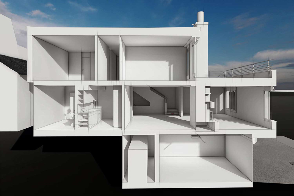 Modèle 3D à partir d'un relevé du bâtiment, coupe transversale 3D, HMQ AG
