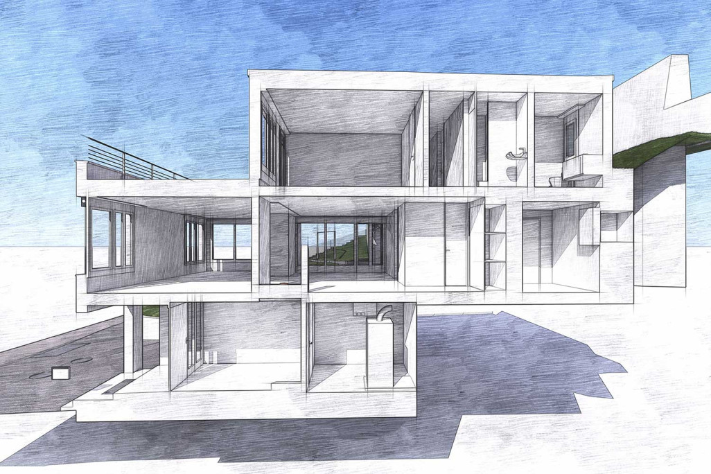Modèle 3D issu du relevé du bâtiment, esquisse de coupe transversale 3D, HMQ AG