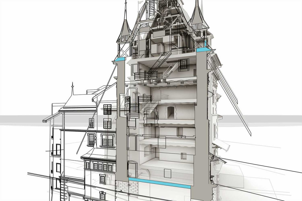 Tour Käfigturm à Berne, coupe 3D, HMQ AG