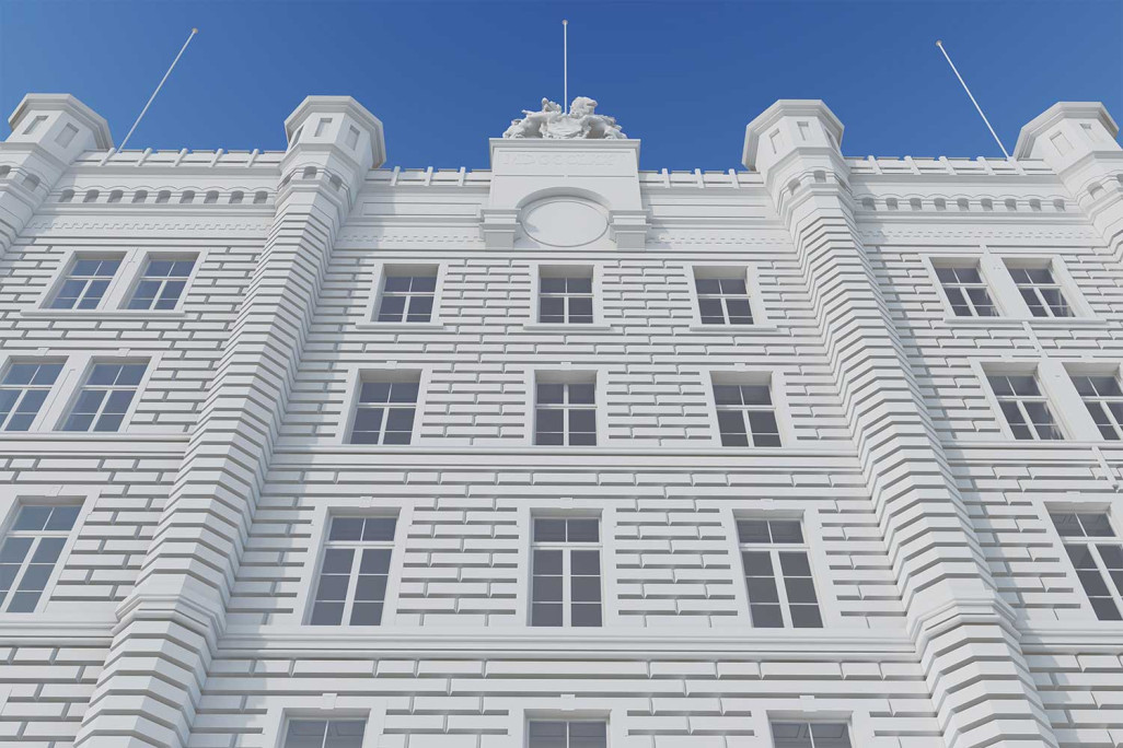 Zurich ZH, caserne militaire, modèle 3D à partir d'un relevé du bâtiment, HMQ AG