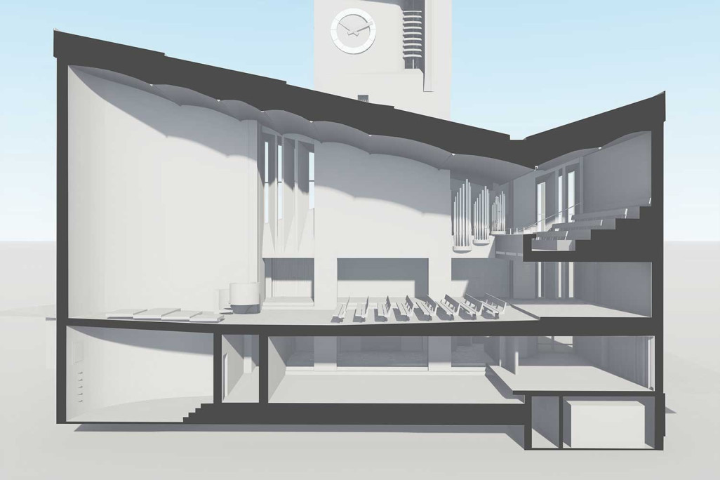 Urtenen BE, église, modèle 3D coupe longitudinale, HMQ AG