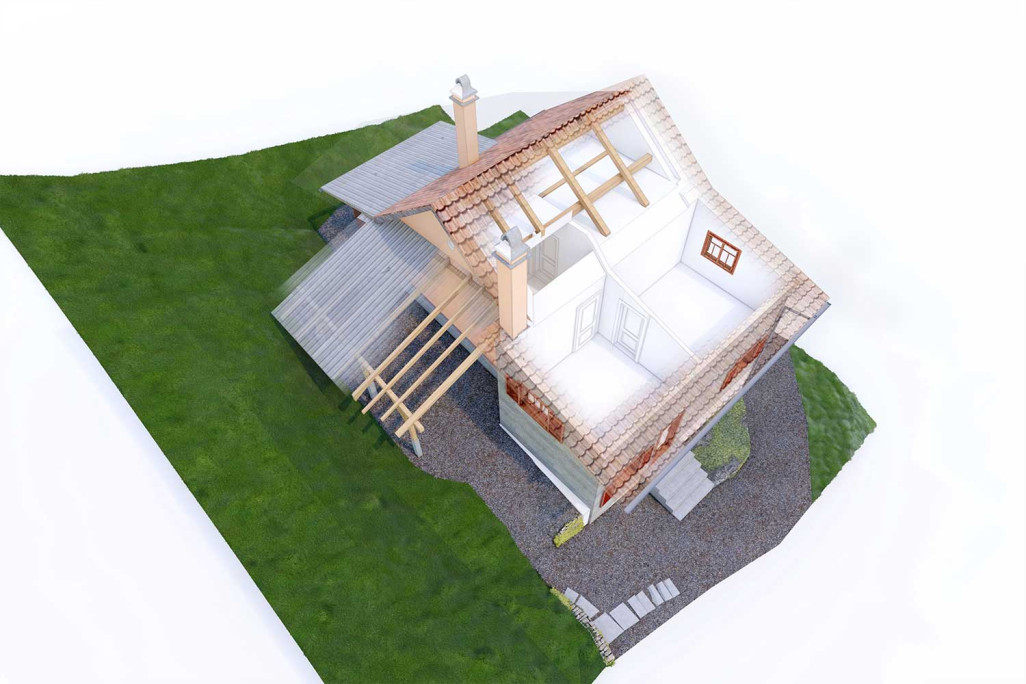 Modèle 3D d'une maison individuelle dans les Grisons, aménagement des combles en 3D, HMQ AG