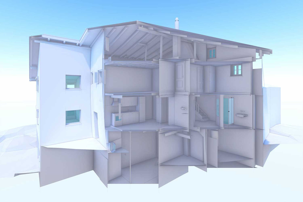 Val Müstair, construction de toiture en 3D à partir d'un relevé du bâtiment, HMQ AG