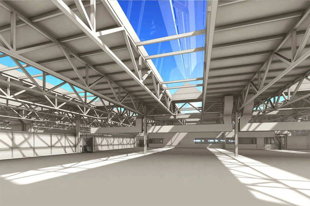 Modélisation 3D d'un hall industriel à partir d'un relevé topographique du bâtiment, HMQ AG