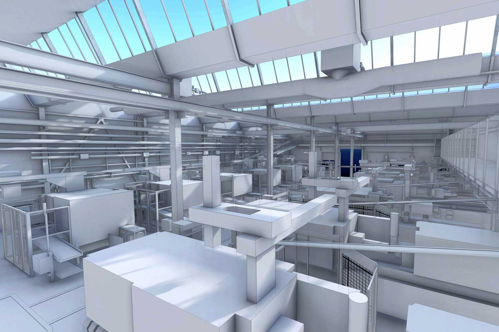 Jona, modèle 3D du hall de production Geberit, HMQ AG