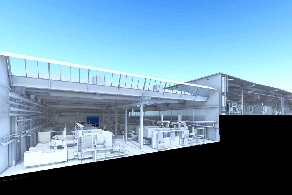 Jona, hall de production Geberit, coupe 3D, HMQ AG