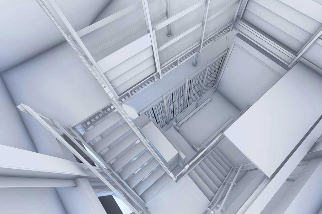 Jona, hall de production Geberit Cage d'escalier en 3D, HMQ AG
