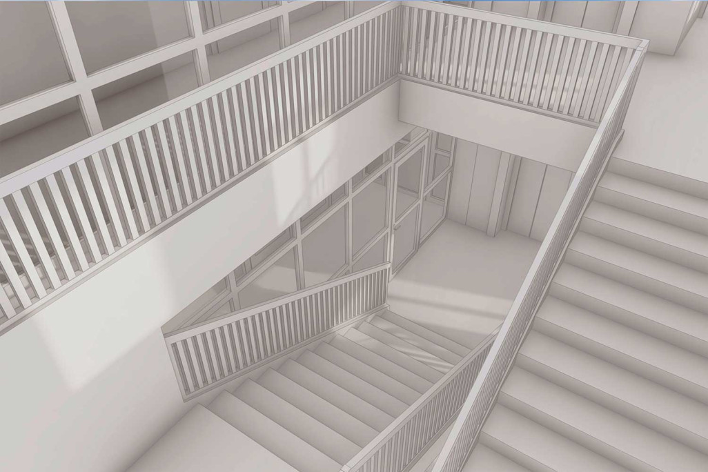 Minusio TI, mesure du bâtiment Cage d'escalier en 3D de l'hôtel Esplanade, HMQ AG