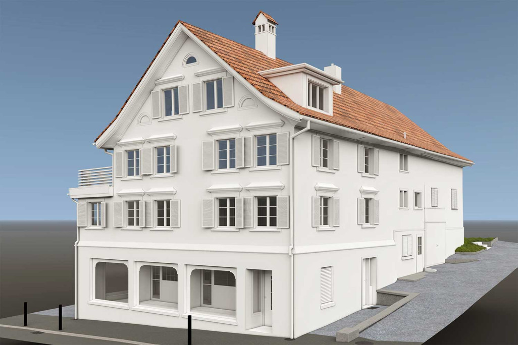 Relevé du bâtiment à Berneck, modèle 3D d'une maison d'habitation, HMQ AG