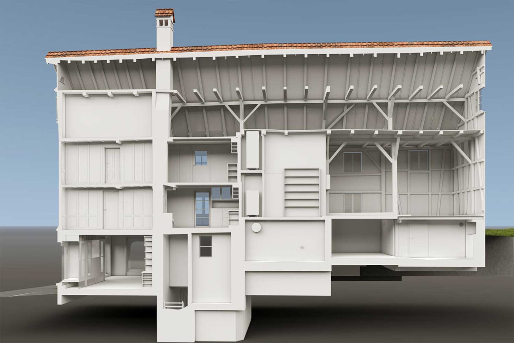 Relevé du bâtiment, maison d'habitation avec grange Coupe 3D, HMQ AG