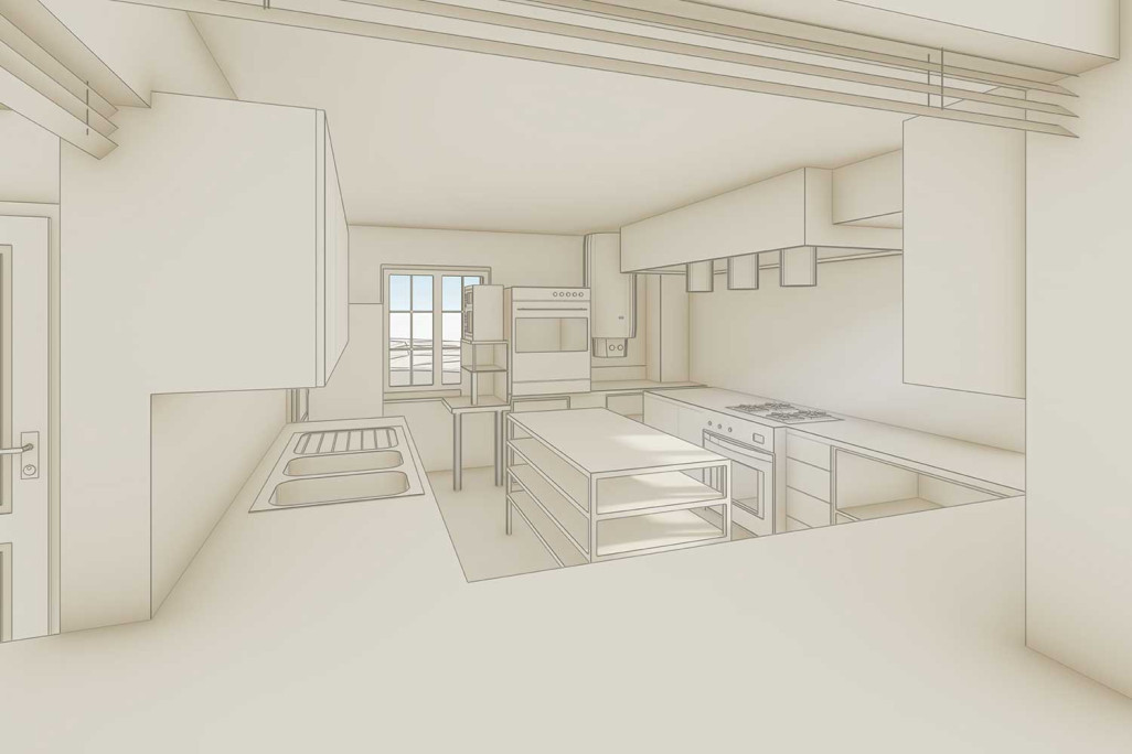 Saas-Grund VS, cabane Weissmies du CAS, modèle 3D de cuisine, HMQ AG