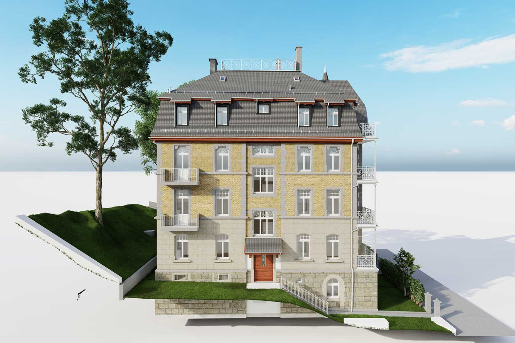 Zurich, villa de prestige, mesure du bâtiment, façade 3D, HMQ AG