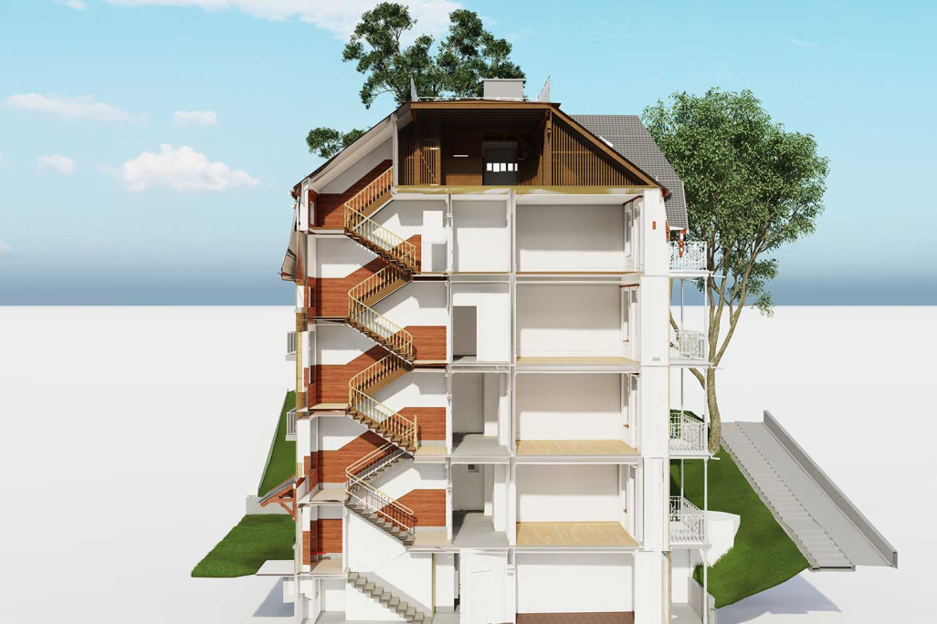 Zurich, villa de prestige, relevé du bâtiment en coupe 3D, HMQ AG