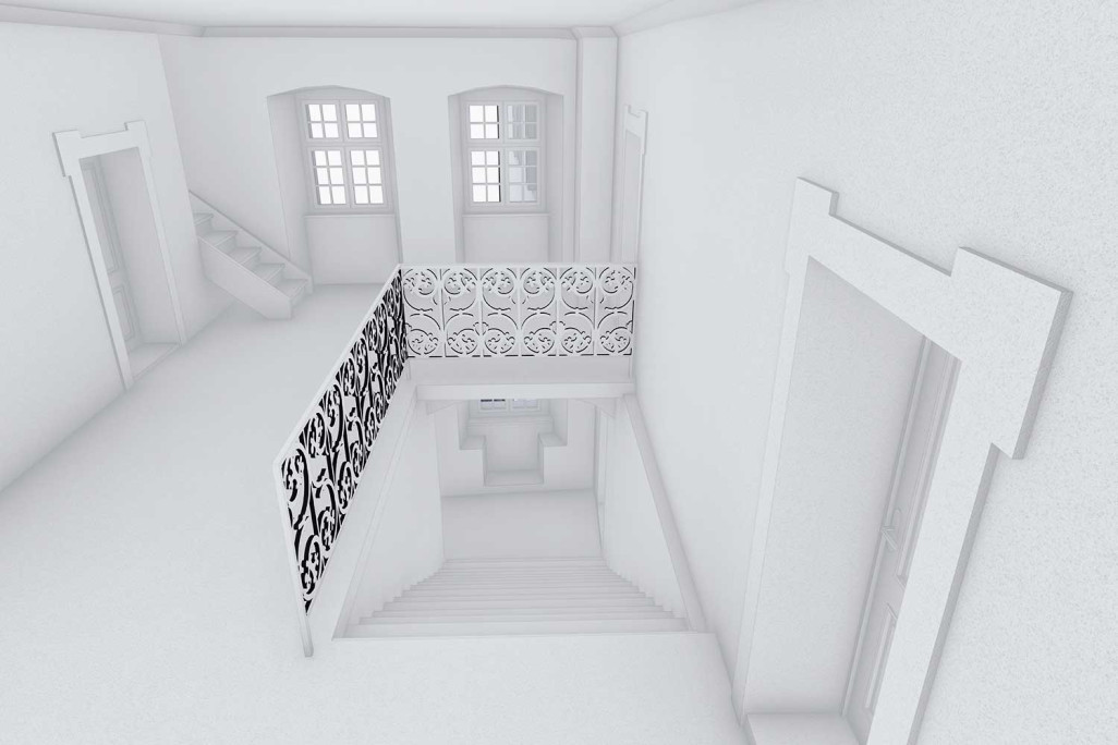 Flims GR, mesure du bâtiment, modèle 3D, cage d'escalier, HMQ AG