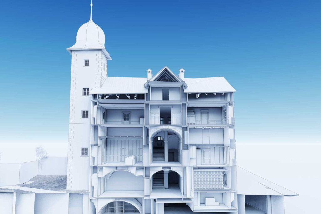 Flims GR, mesure du bâtiment, modèle 3D, coupe, HMQ AG