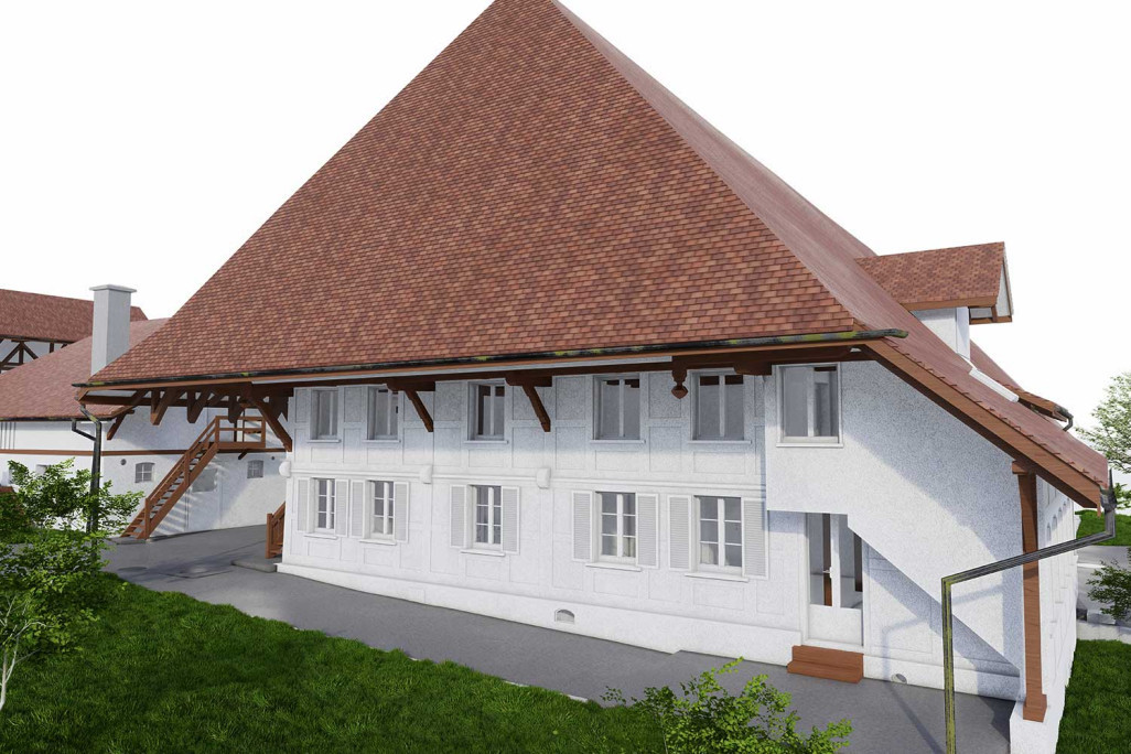 Uettligen BE, ferme, mesure du bâtiment, façade 3D, HMQ AG