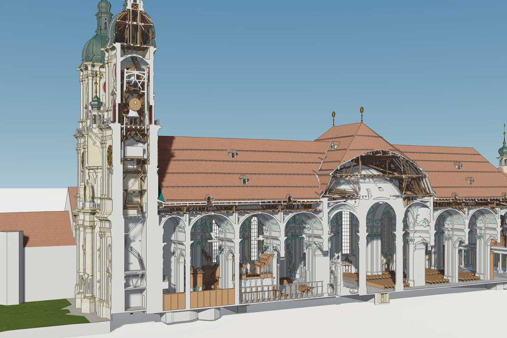 Saint-Gall, cathédrale, quartier de l'abbaye, coupe du modèle BIM 3D, HMQ AG