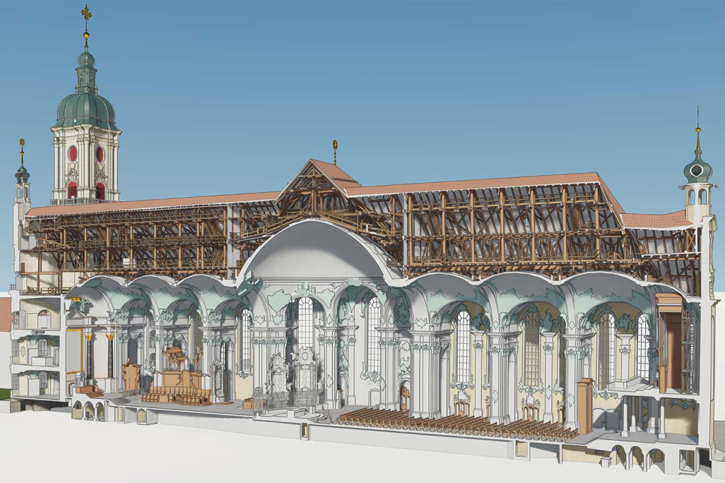 Saint-Gall, cathédrale, quartier de l'abbaye, mesure des bâtiments, modélisation 3D, coupe, HMQ AG