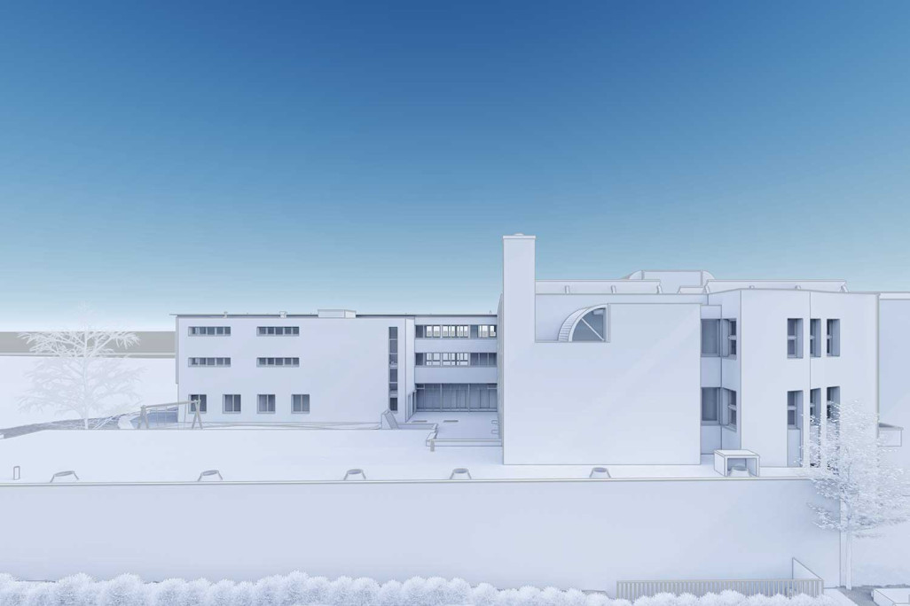 Vue de façade du jumeau numérique de la Fondation Arwo, HMQ AG