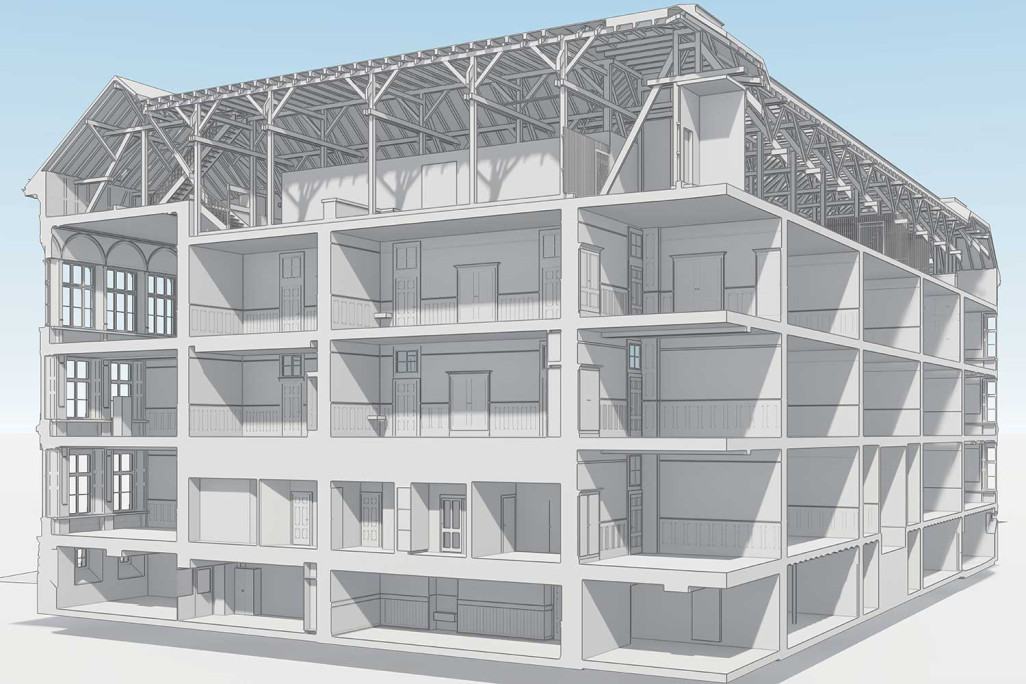 Coupes à travers le modèle 3D de l'école Emmersberg à Schaffhouse, HMQ AG