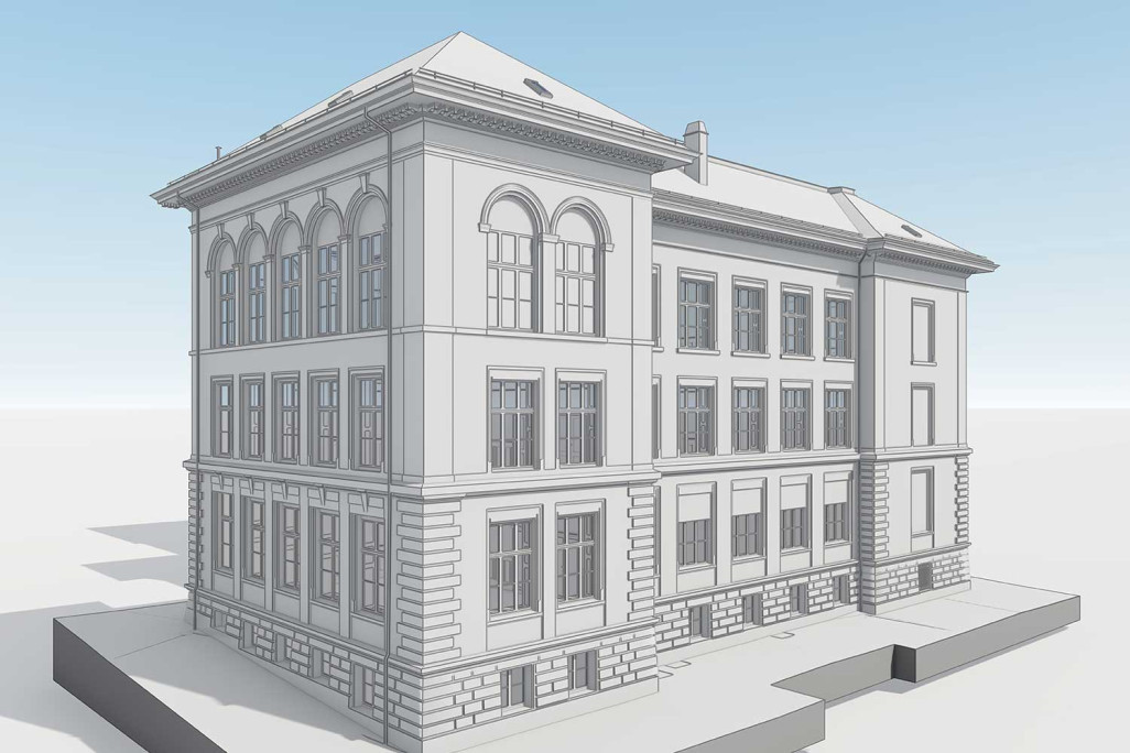 Mesure 3D du bâtiment scolaire Emmersberg à Schaffhouse, HMQ AG