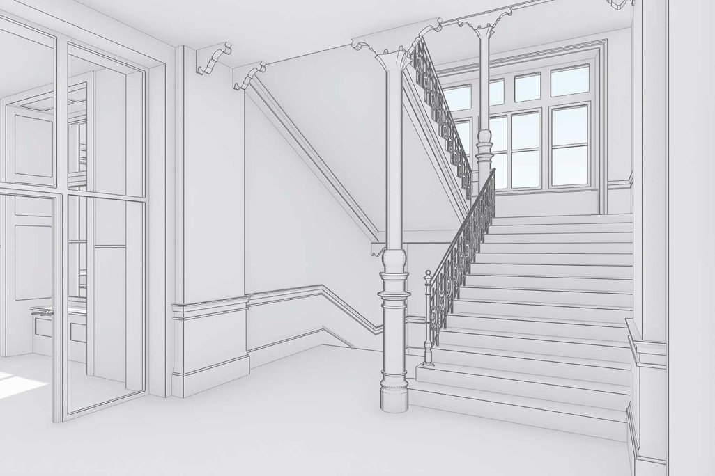 Cage d'escalier en modèle 3D, école Emmersberg à Schaffhouse, HMQ AG