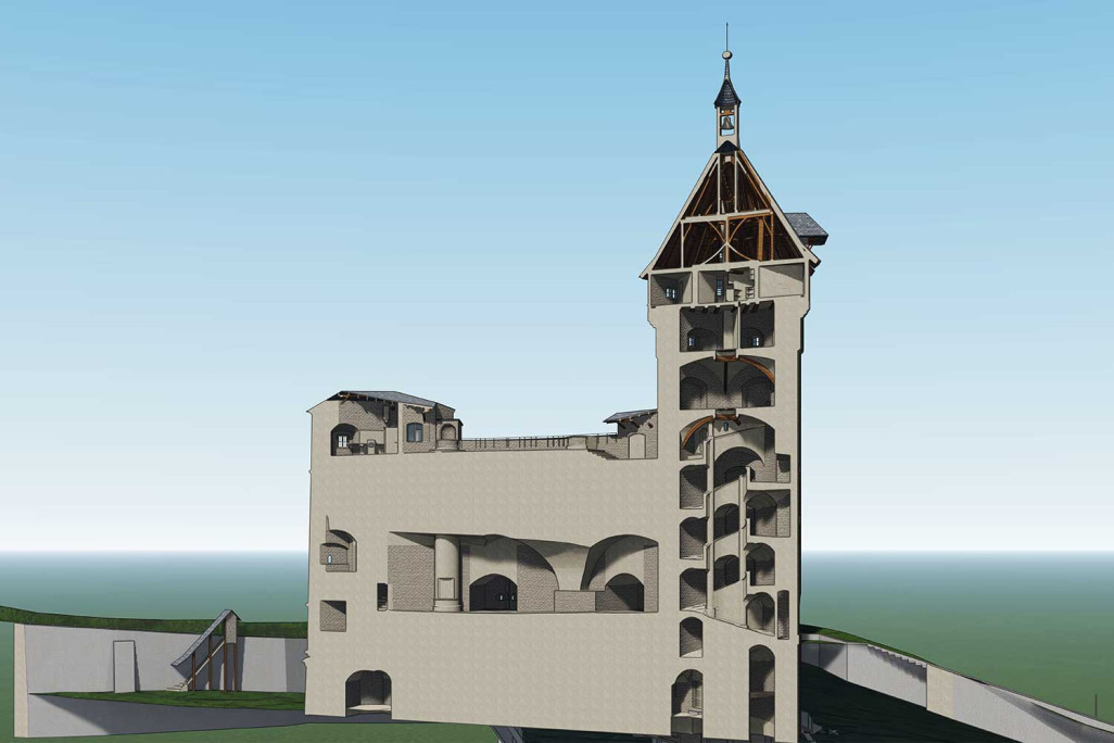 Coupe à travers le modèle 3D d'après le relevé du bâtiment du Munot, HMQ AG