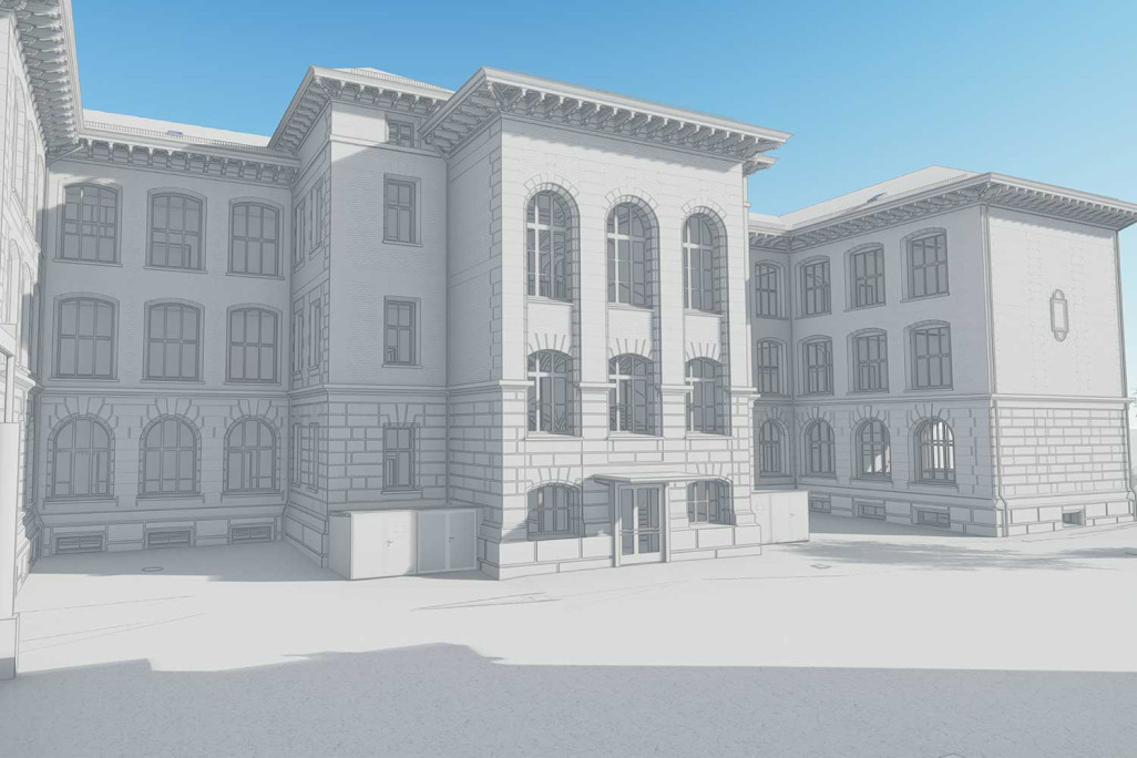 Mesure de bâtiments à l'aide d'un scanner laser 3D, école d'ingénieurs à Burgdorf, HMQ AG