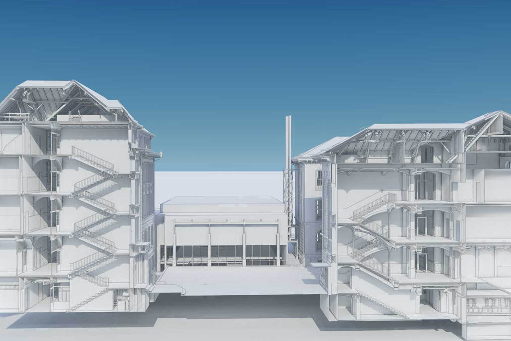 Coupe à travers le modèle 3D de l'école d'ingénieurs de Burgdorf, HMQ AG