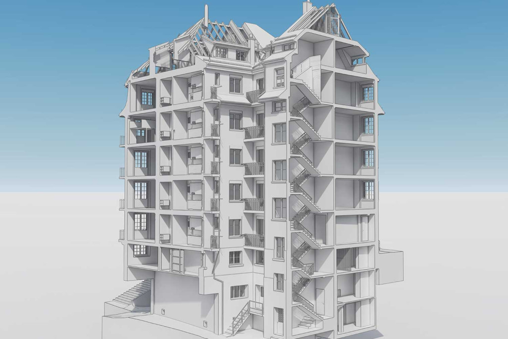 Coupe transversale du jumeau numérique d'un immeuble collectif à Berne, HMQ AG