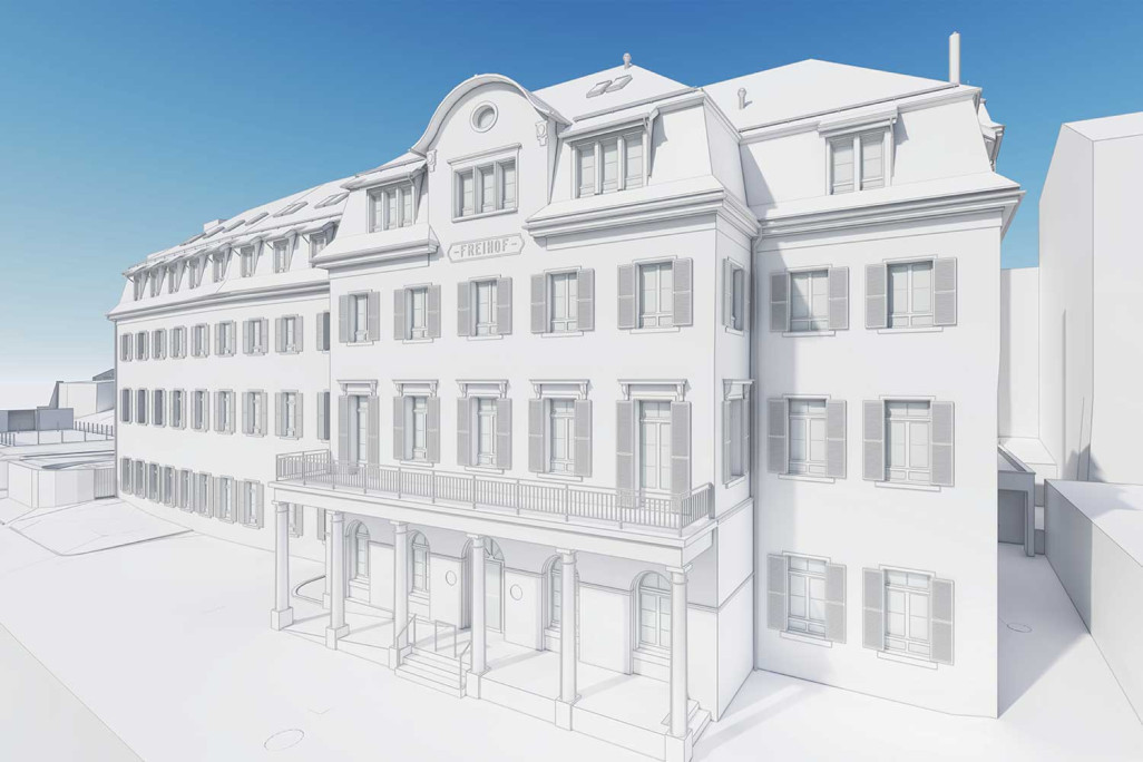 Vue de la façade de la clinique de rééducation à Baden, HMQ AG