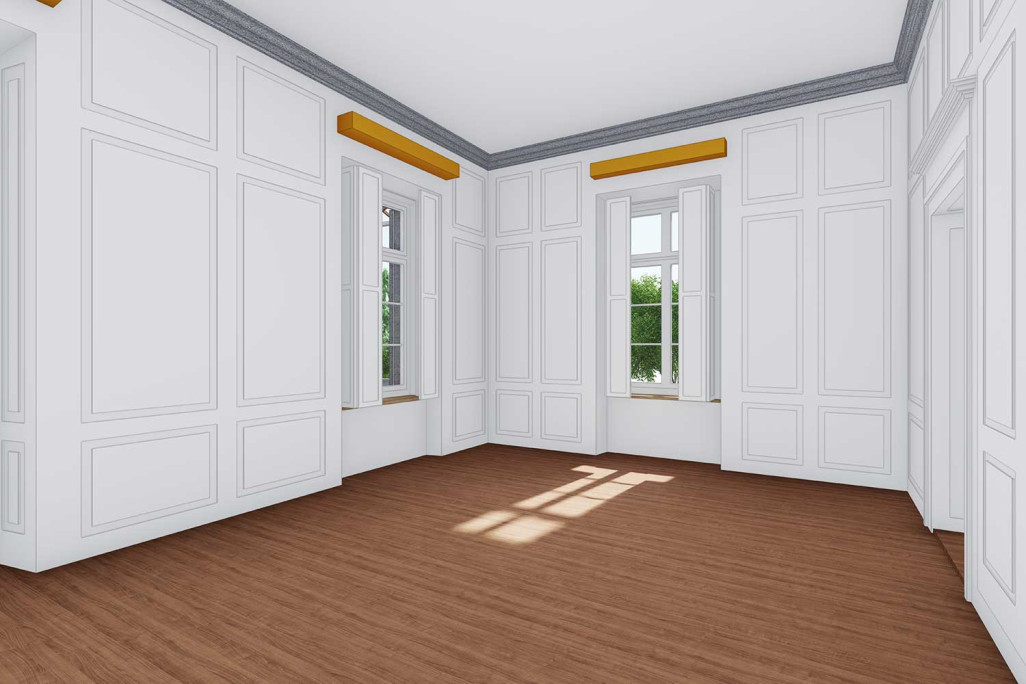 Modèle 3D d'une villa à Zoug, évaluation LOD 1:20 avec lambris muraux, HMQ AG