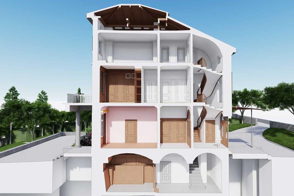 Coupe à travers le modèle 3D d'une villa au bord du lac à Zoug, HMQ AG