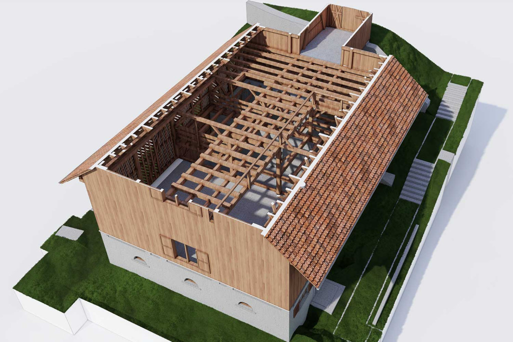 Coupe à travers la structure 3D du toit d'une grange à Wädenswil, HMQ AG
