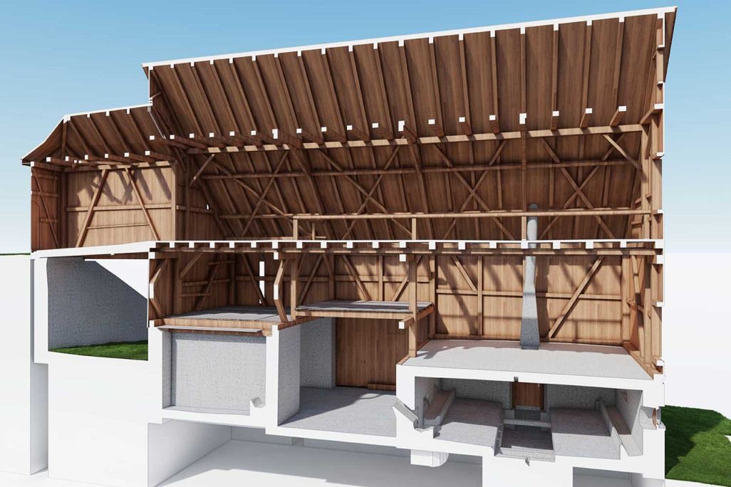 Coupe à travers le modèle BIM 3D d'une grange à Wädenswil, HMQ AG