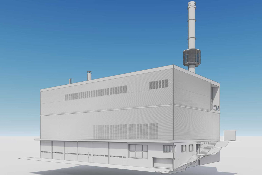Centrale énergétique à Dättwil, mesure du bâtiment et modélisation 3D avec ArchiCAD, HMQ AG