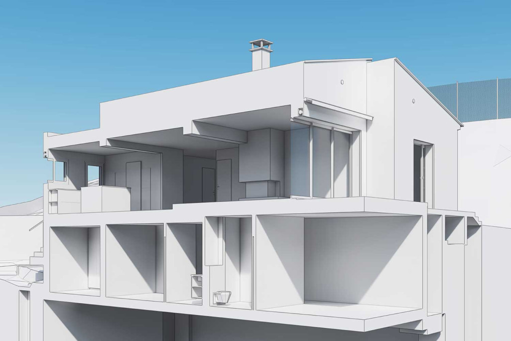 Coupe à travers le modèle 3D d'une villa à Saint-Tropez, HMQ AG